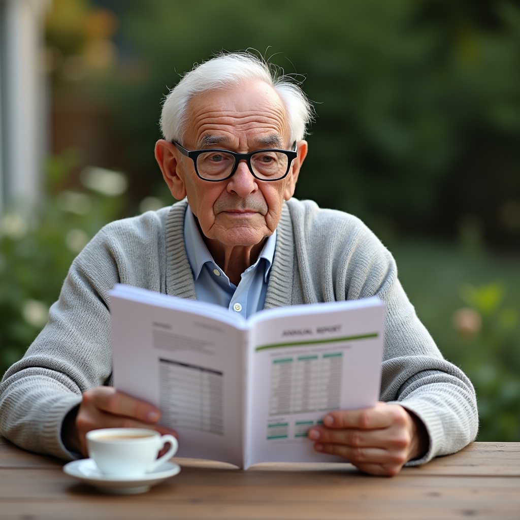 Пожилой человек изучает финансовые документы дома